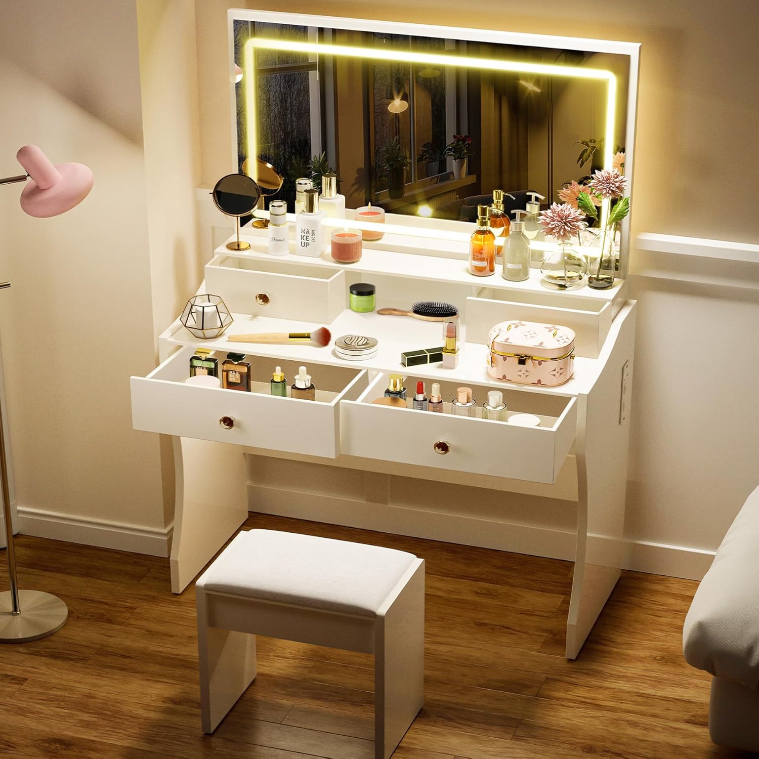 COMHOMA Makeup Vanity Desk with Mirror and Lights, Vanity Table and Chair Set with 5 Drawers & Charging Station, Bedroom Dressing Table, Stepless Dimmable & 3 Color Modes Adjustable, Snow White
