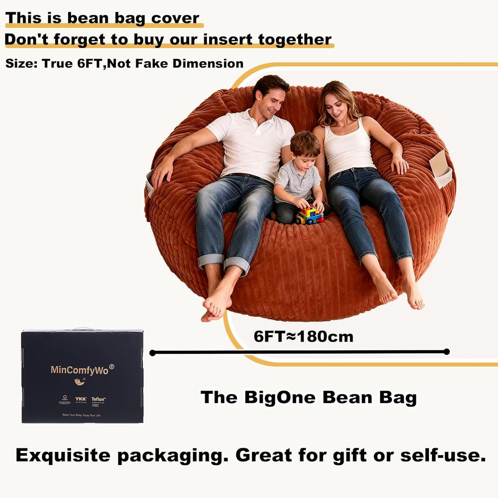 The BigOne Beanbag Family Giant Round Bean Bag Chair-Spacious Comfort Bean Bags Bed for Families, Premium Materials, Perfect for Living Room or Entertainment Room-Cover-Stripe Fur-Brown