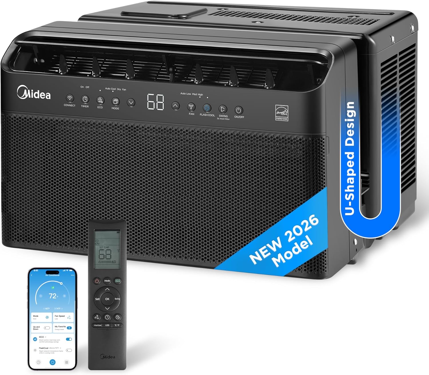 JET BLACK LIMITED EDITION Midea U Shaped Window Air Conditioner for Bedroom – 6000 BTU, Smart Control, Inverter Technology – Room Darkening Side Vents – Ultra Quiet Innovative Window-Friendly Design