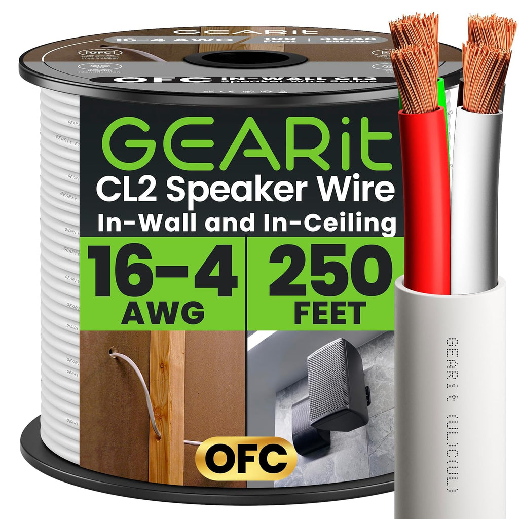 GEARit 16 Gauge OFC Speaker Wire 250 FT, UL CL2 Rated Speaker Cable, 16 AWG Wire with Polarity Mark, 4-Conductor Copper Audio Cable for in-Wall Home Theater Surround Sound, Car Audio Stereo(White)