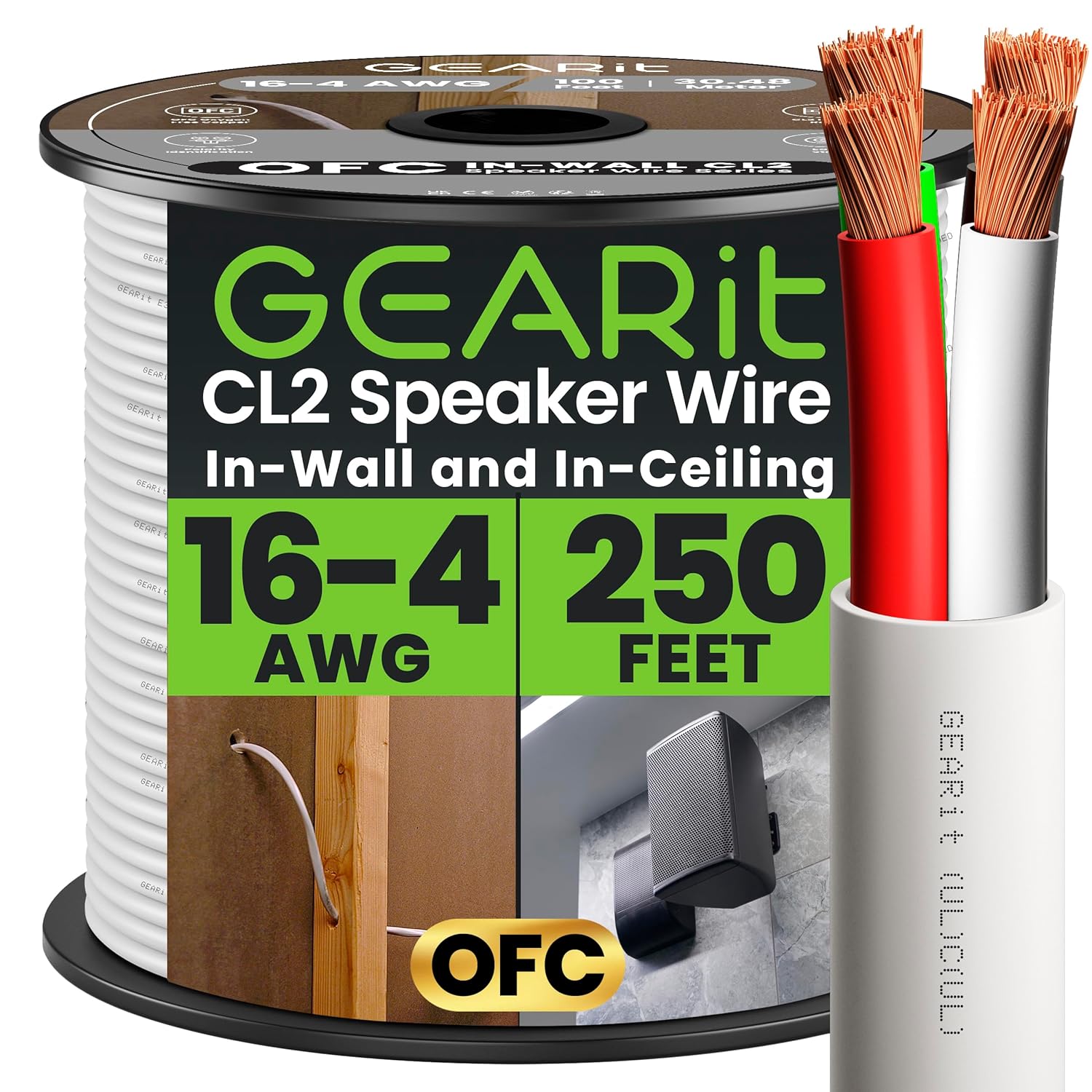 GEARit 16 Gauge OFC Speaker Wire 250 FT, UL CL2 Rated Speaker Cable, 16 AWG Wire with Polarity Mark, 4-Conductor Copper Audio Cable for in-Wall Home Theater Surround Sound, Car Audio Stereo(White)
