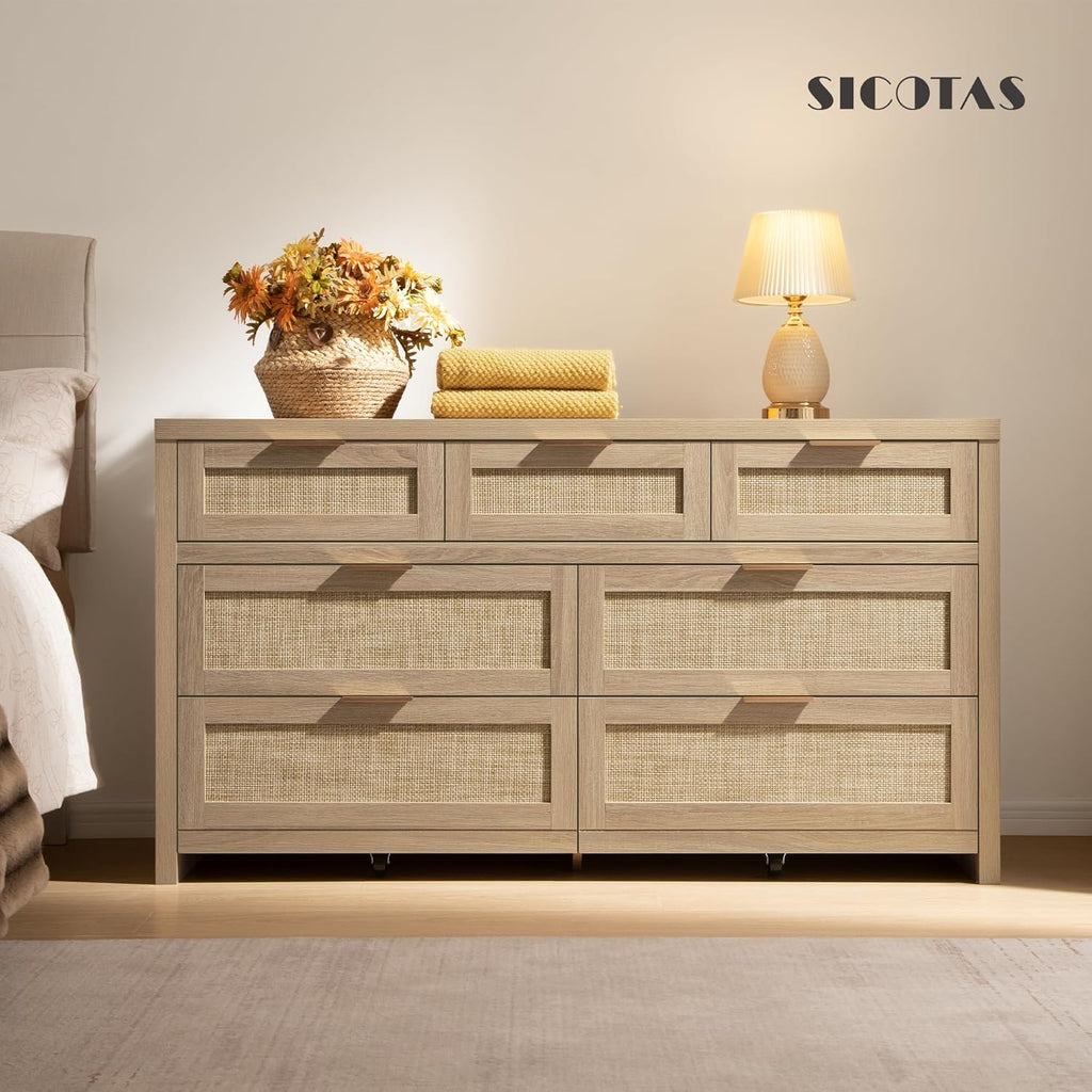 SICOTAS 7 Drawer Dressers for Bedroom Set 2, Long Rattan Dresser, Dresser TV Stand, Closet Organizer Chest of Drawers, Clothes Storage Dressers (Reclaimed Light Oak, 7 Drawers (2 pcs))