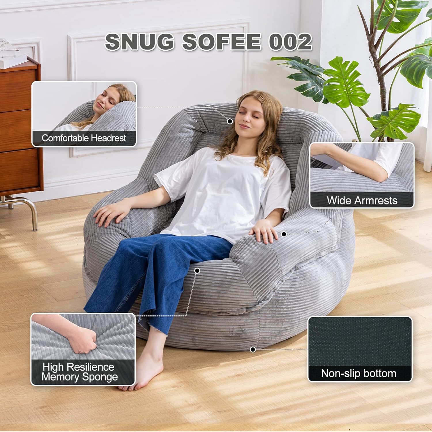 Giant Bean Bag Chair with Armrests - Oversized Cozy Seating for Adults, Corduroy Fabric & High-Resilience Foam Filling, Ideal Lounge for Living Room, Bedroom & Gaming Room (Grey)