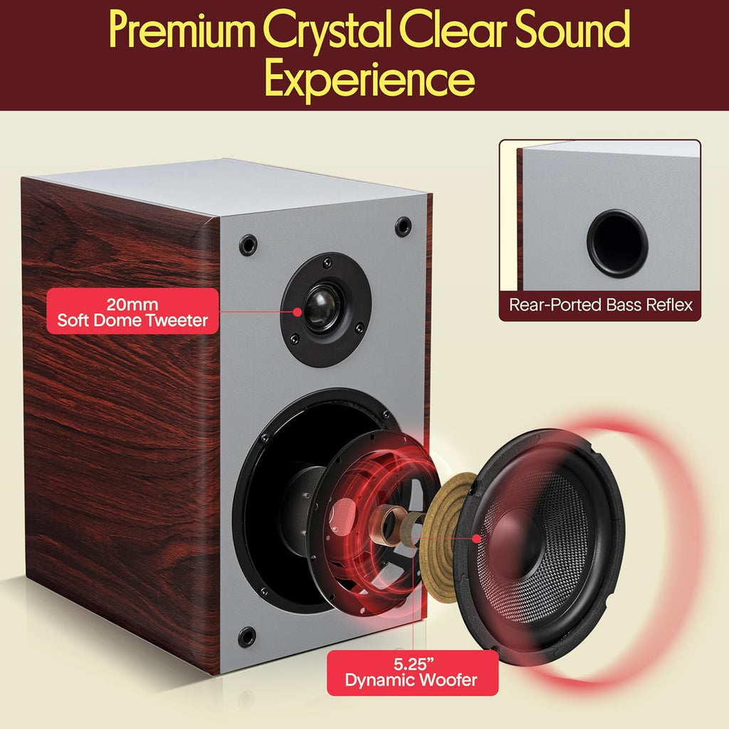 Pyle 5.25'' Wired Bookshelf Speakers, 2-Way HiFi Home Theater Bookshelf Speakers with Silk Dome Tweeter, Woven Woofer, Wall Mount Bracket, Magnetic Grill – Cherry Bookshelf Speakers Wall Mount