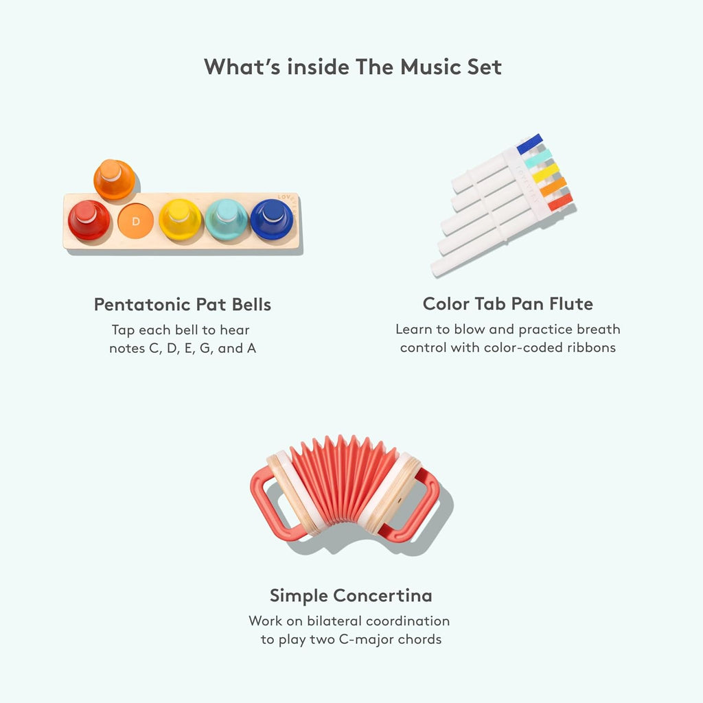 LOVEVERY | The Music Set | 6 Montessori Musical Instruments & Rhythm Book | Educational Toys for Toddlers & Preschoolers | Simple Songs and Play Guide | Ages 18 Months to 4+ Years