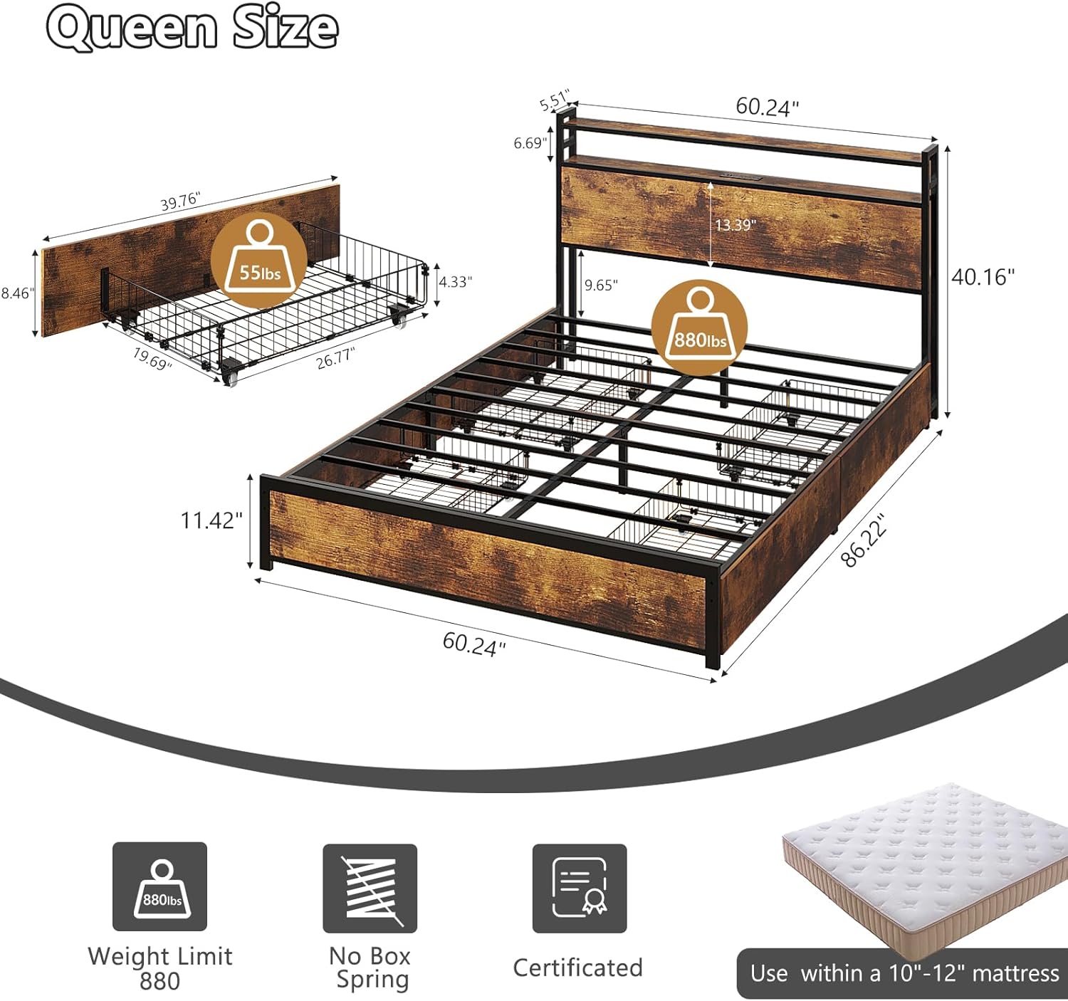 VINGLI Queen Bed Frame with 4 Storage Drawers and Headboard, Metal Platform Panel Bed with Charging Station and RGB LED Lights, No Box Spring Needed, Noise Free, Easy Assembly, Vintage Brown