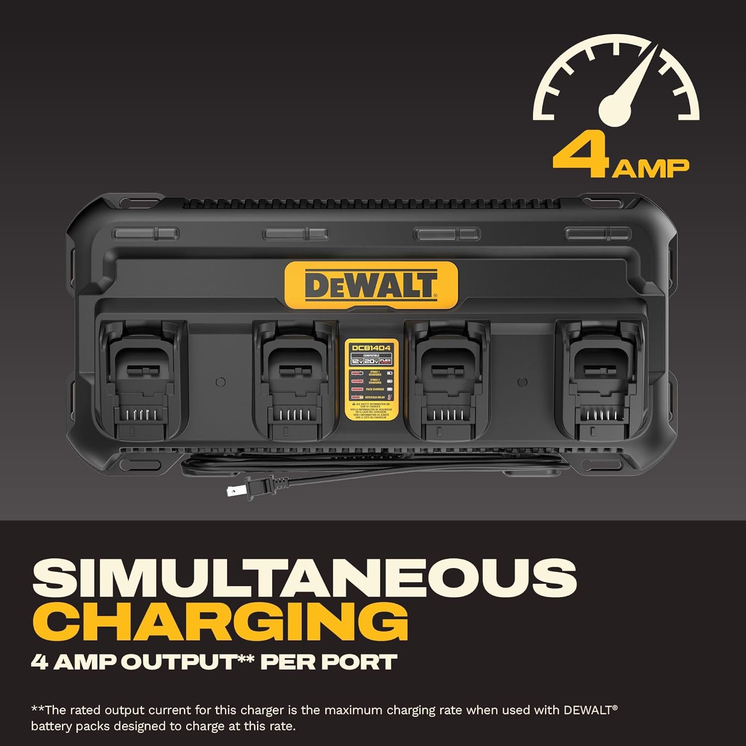 DEWALT Battery Charger 12V MAX, 20V MAX, FLEXVOLT 20V/60V MAX, 4 Amp, Fast Charger, Multiport Simultaneous Charging Station (DCB1404)