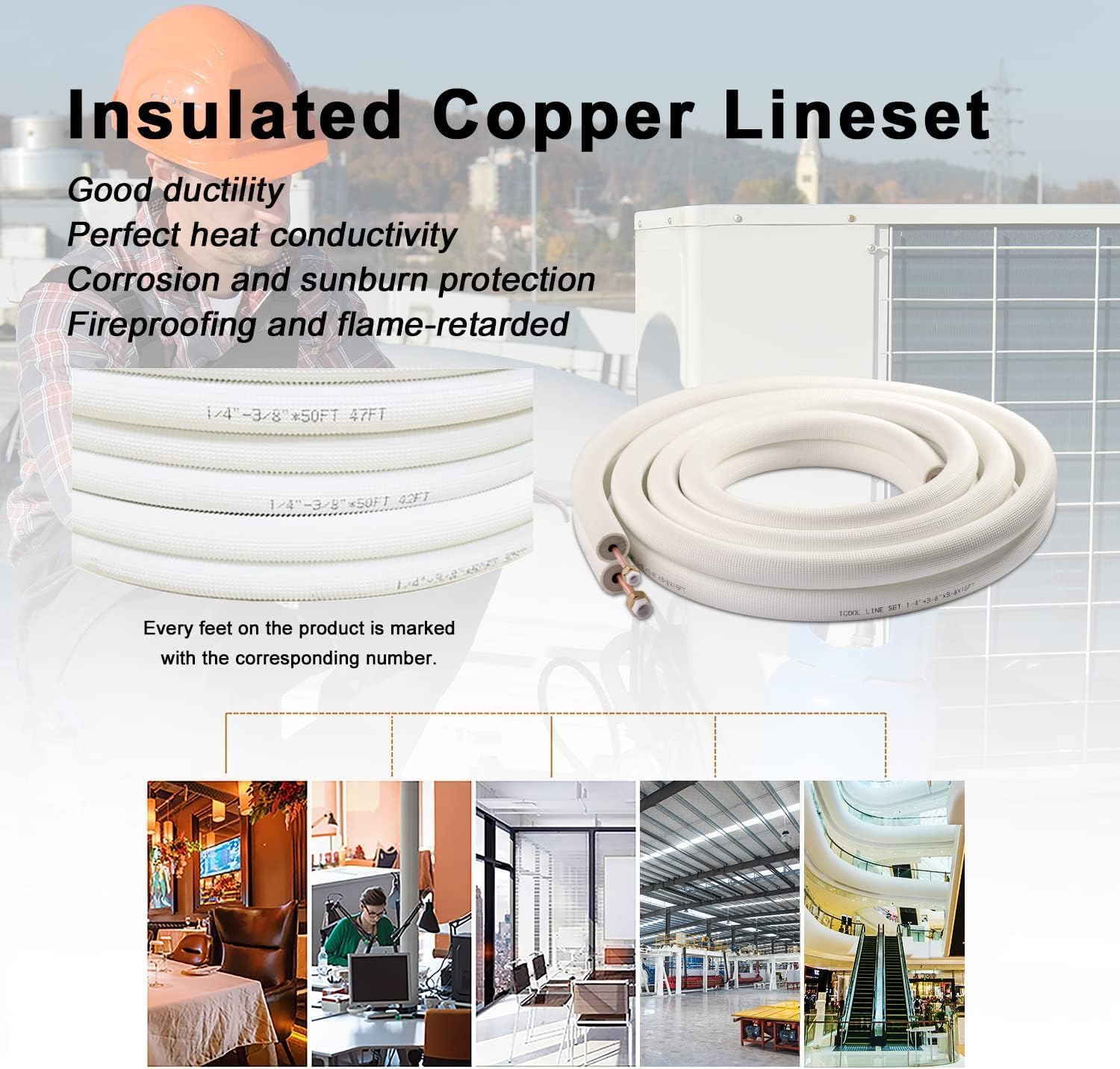 Wostore 25 Ft. Line Set 1/4&3/8 Inch 3/8" PE for Mini Split Air Conditioner Copper Pipes Insulated Coil HVAC with Fittings
