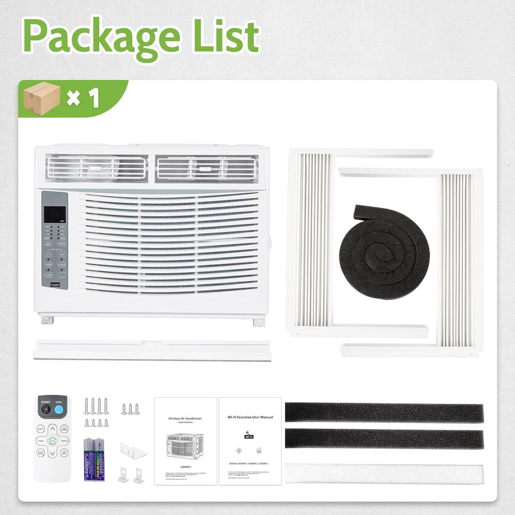 WiFi Enabled 6,000 BTU Window Air Conditioner, Smart Window AC Unit with Remote, Energy Saving, Easy Install Kit, Cools up to 250 Square Feet