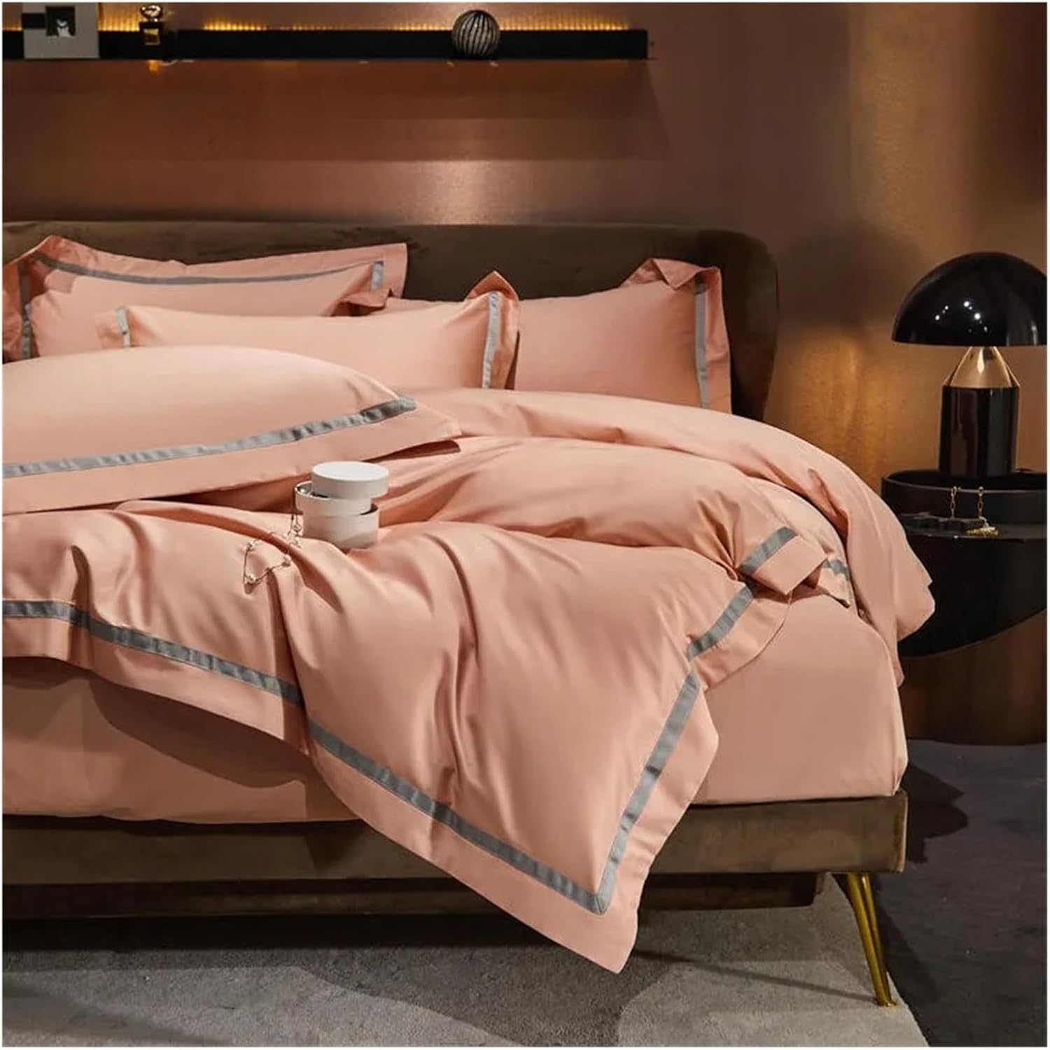 Gray Smooth Soft Rich Color 1000TC Long Staple Cotton Simple Chic Wide Edge 4Pcs Bedding Set Duvet Cover Bed Sheet Pillowcases,Bedding