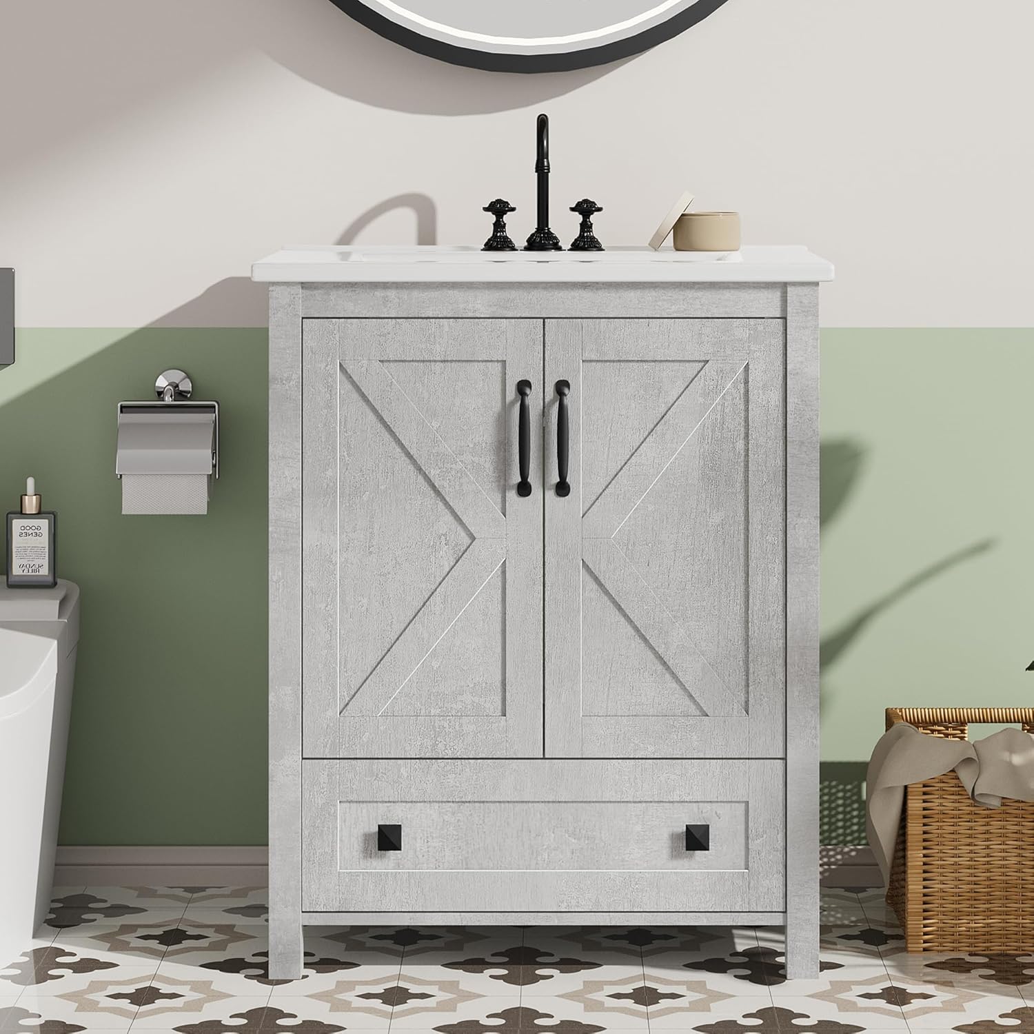 GarveeHome 30 inch Vanity with Ceramic Sink, Modern Bathroom Vanity with 2 Doors and 1 Storage Drawer, Freestanding Bathroom Cabinet with Contemporary Design for Your Bathrooms, Grey