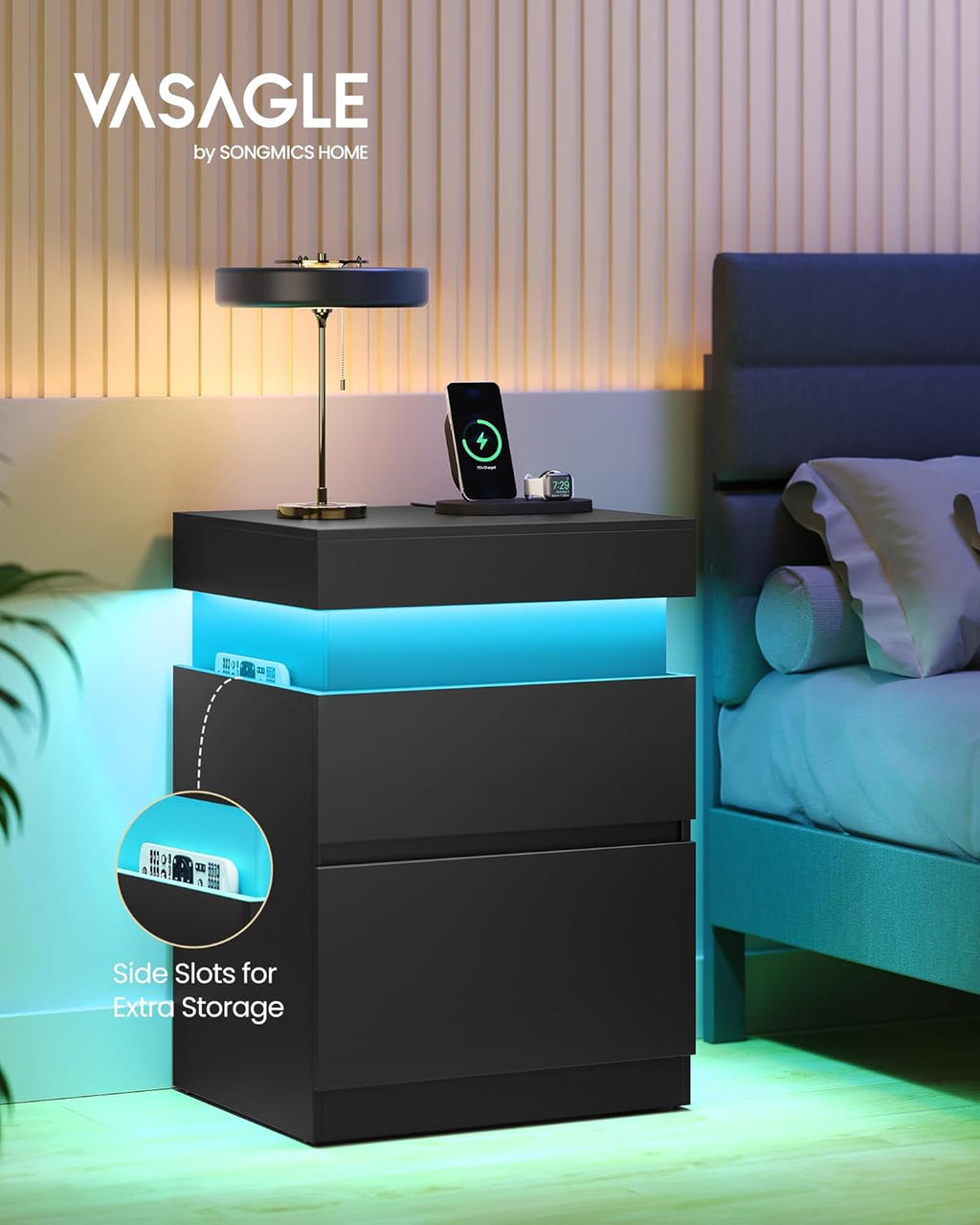 VASAGLE Kailyn Collection - Nightstands with Power Outlets, Sliding Lid, Modern Bedside Tables with LED Lights, End Tables, 2 Drawers, Set of 2, 15.7 x 18.9 x 26.8 Inches, Ink Black ULET650BC01S-2J