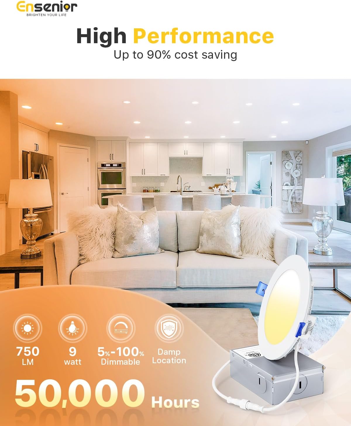 Ensenior 24 Pack 4 Inch LED Recessed Ceiling Light, Dimmable, 2700K-5000K 5CCT, 750LM 9W 120V, High Brightness Canless Wafer Downlight - ETL&FCC&IC