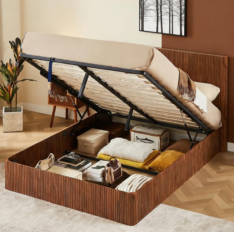 Bellemave Queen Lift Up Storage Bed, Walnut Wood Lift Up Bedframe Queen, Wooden Corrugated Curved Lines, Hydraulic Storage,Walnut
