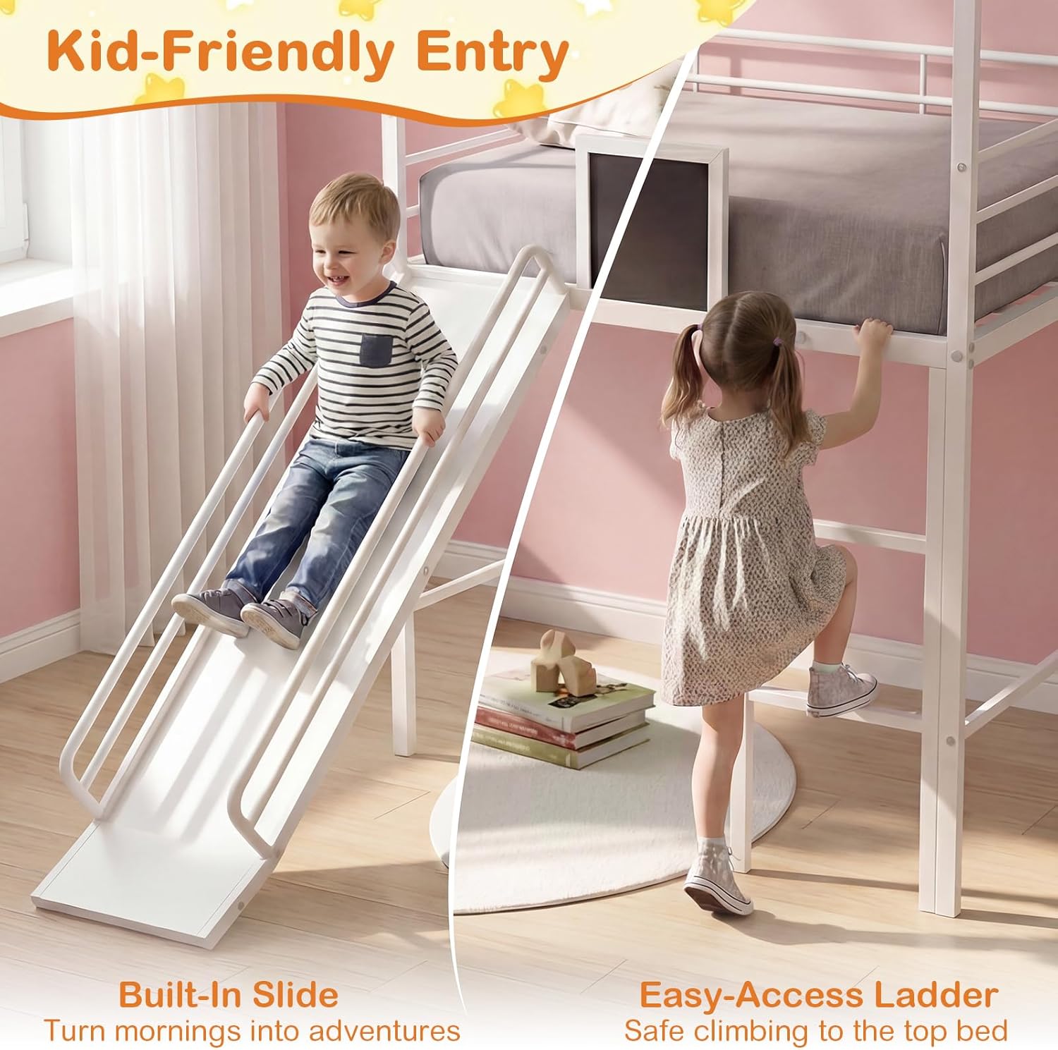 Giantex Twin Size House Loft Bed, Low Loft Bedframe w/Roof, Slide, Ladder, Chalkboard & Sturdy Metal Slats for Bedroom Dorm, Kids House Bed for Boys Girls, No Box Spring Needed (White)
