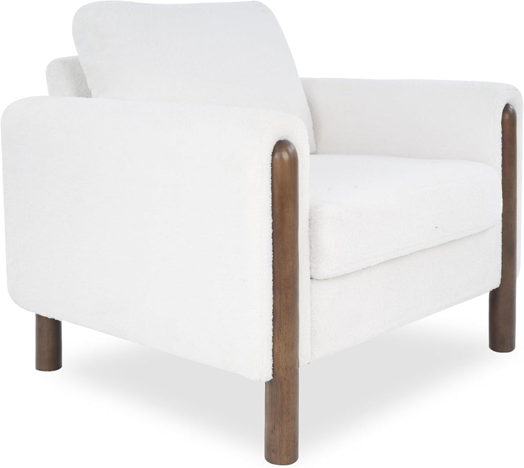 GDFStudio Teddy Fabric Accent Chair with Curved Armrests, Upholstered Single Sofa Chair with Walnut Wood Legs & Back Pillow, Comfy Reading Chair for Living Room Bedroom, White