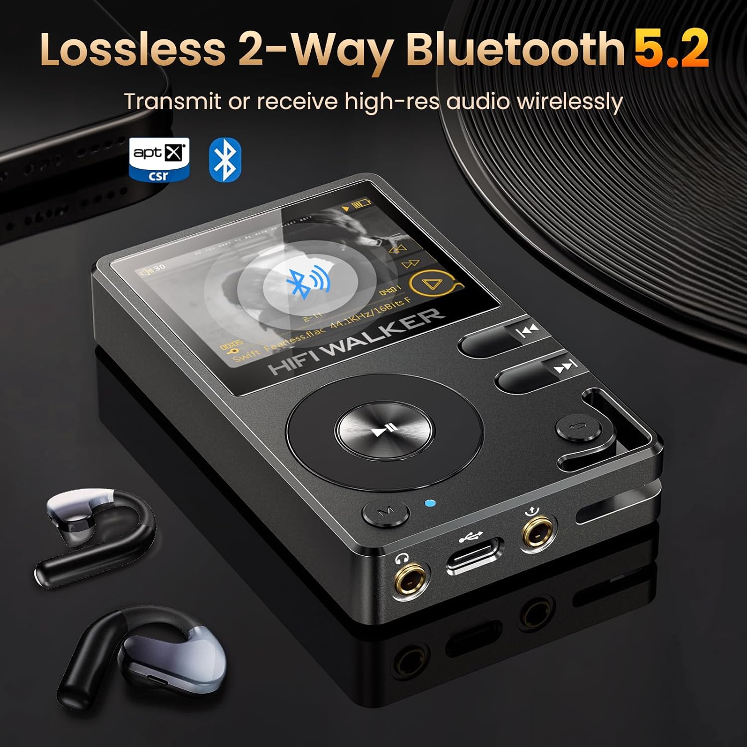 HIFI WALKER H2 HiFi MP3 Player with Bluetooth, Lossless DSD DAC FLAC, High Resolution Music Player, Portable Audio Player with 128GB Memory, Supports up to 512GB