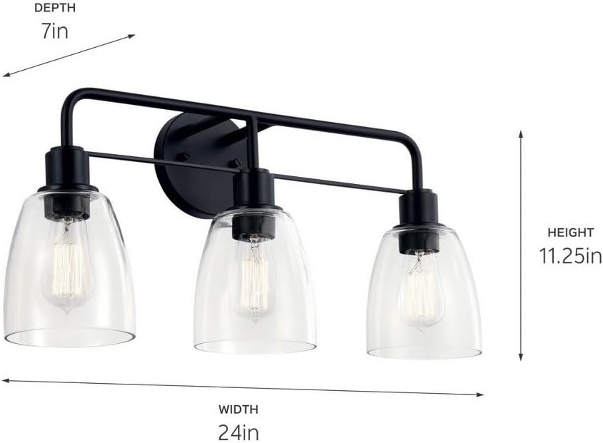 Kichler Meller 24 in 3-Light Bathroom Vanity Light Fixture with Clear Glass in Black for Modern Bathroom Lighting over Mirror, Wall Mount Sconce (7 in x 11.25 in x 24 in), 55102BK