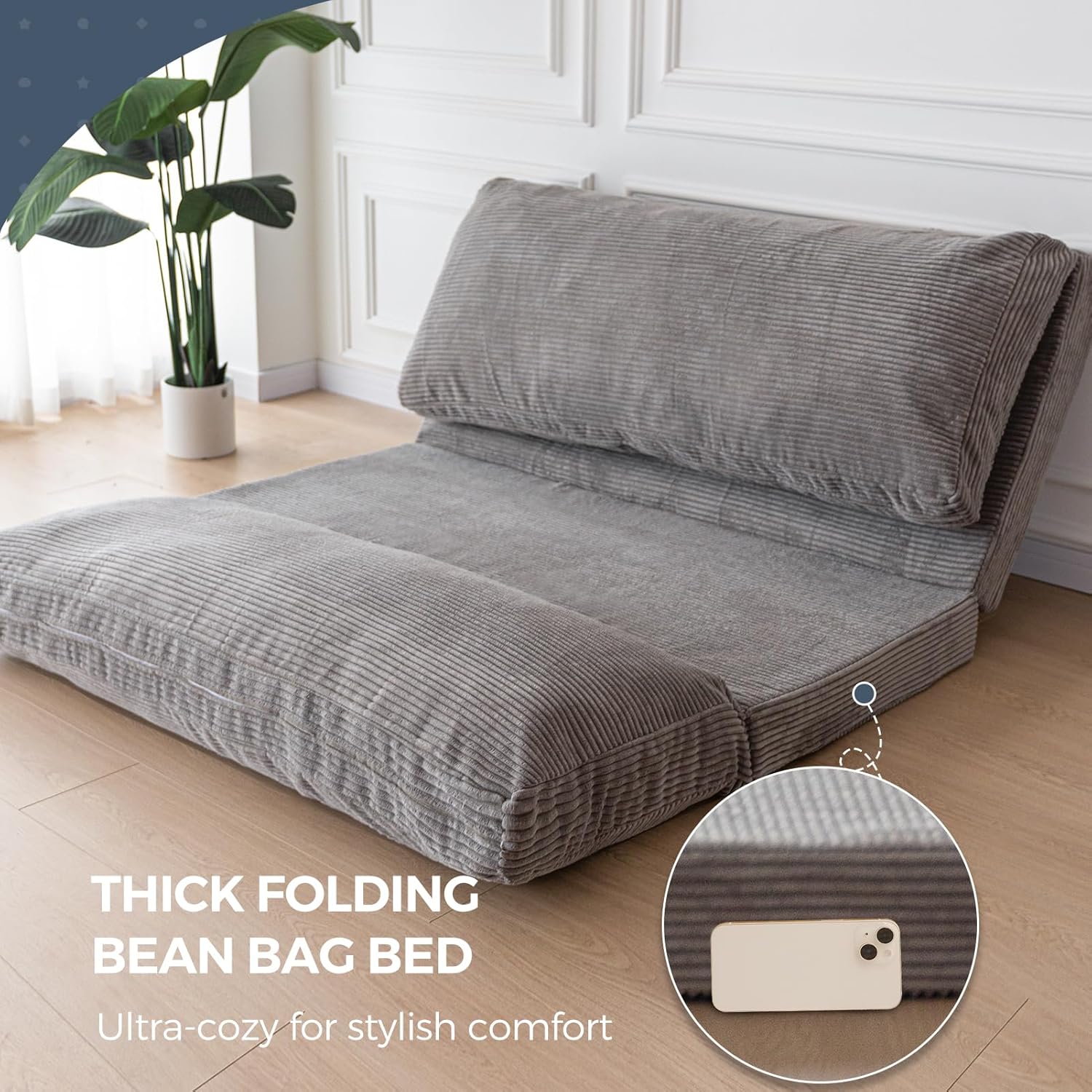 MAXYOYO Folding Sofa Bed, Extra Thick and Long Floor Sofa Convertible Sleeper Chair with Washable Cover, Floor Couch Lounge Bean Bag Bed for Living Room, Grey, 54x95 Inch
