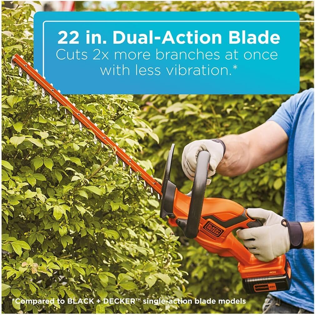 BLACK+DECKER 40V MAX Hedge Trimmer, 22" Blade Length, Powerful Motor with Reduced Vibrations, Sharp Blades for 3/4" Thick Cuts, Battery and Charger Included (LHT2240C)