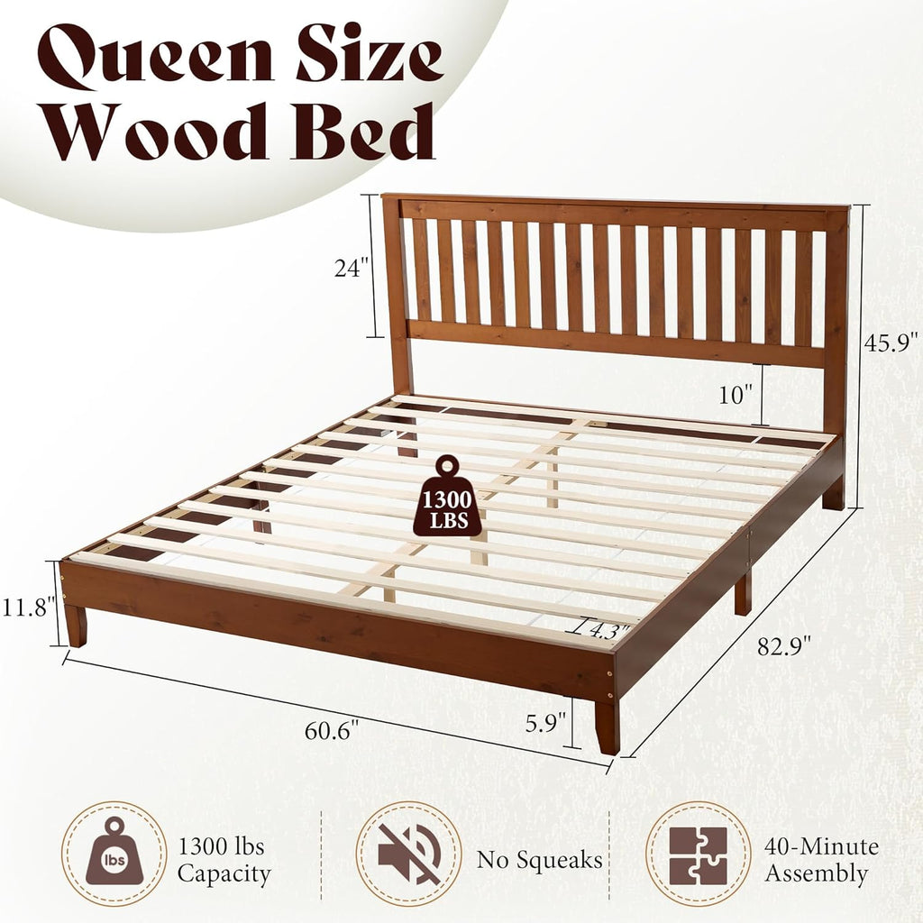 AMERLIFE Queen Bed Frame, Solid Wood Platform Bed with Vertical Slats Headboard, Wooden Bedframe Queen-Size, Sturdy Wooden Slats Support, No Box Spring Needed, Noise Free, Walnut