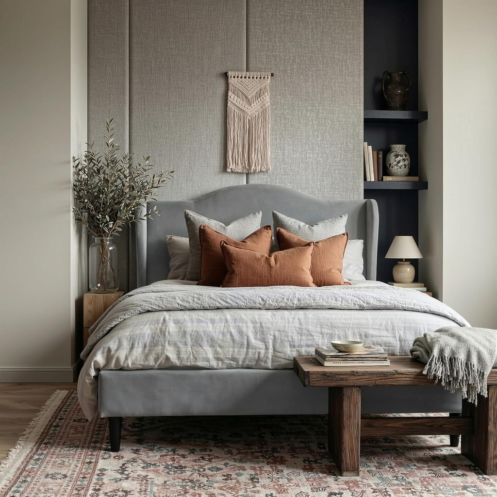 Allewie Queen Size Bed Frame, Upholstered Wingback Platform with 47" Tall Tufted Headboard, Plush Velvet Fabric, Modern Minimalist Design, No Box Spring Required, Tool-Free Assembly, Grey