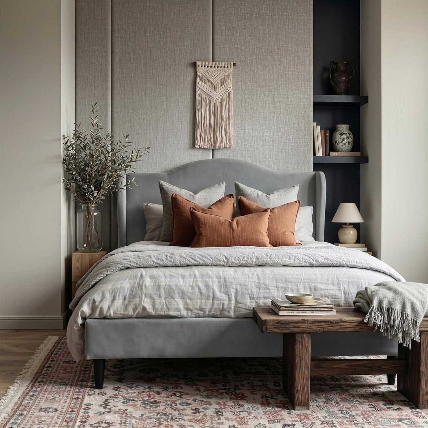 Allewie Queen Size Bed Frame, Upholstered Wingback Platform with 47" Tall Tufted Headboard, Plush Velvet Fabric, Modern Minimalist Design, No Box Spring Required, Tool-Free Assembly, Grey