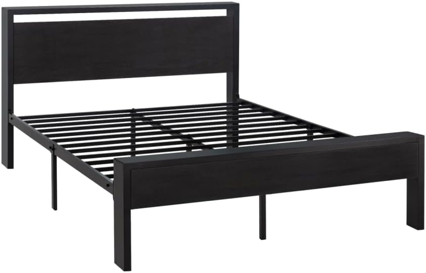 Allewie Queen Size Platform Bed Frame with Wooden Headboard and Footboard, Heavy Duty 12 Metal Slats Support, No Box Spring Needed, Under-Bed Storage, Noise Free, Easy Assembly, Black Oak