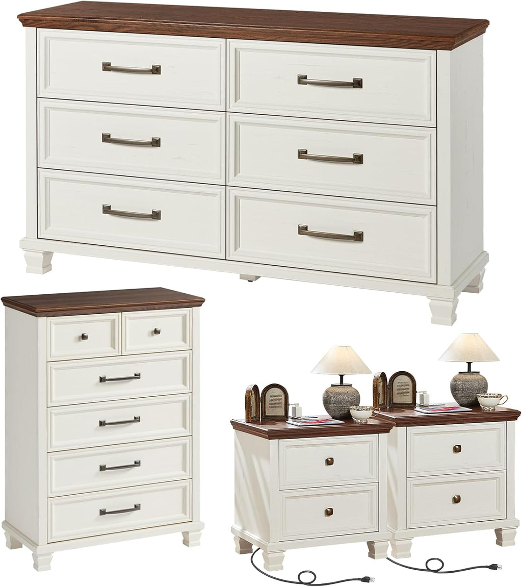SAVOR LIFE Farmhouse Bedroom Dresser and Nightstand Set of 4, 6 Drawer Tall & Low Dresser & 2 Drawer Nightstand Set, Rustic Wood Furniture Set for Bedroom, Hallway, White