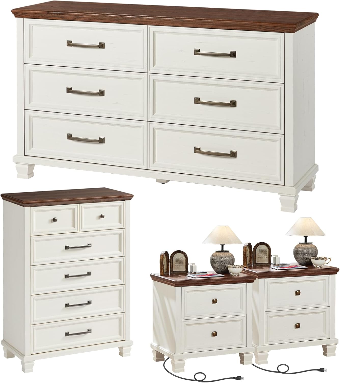 SAVOR LIFE Farmhouse Bedroom Dresser and Nightstand Set of 4, 6 Drawer Tall & Low Dresser & 2 Drawer Nightstand Set, Rustic Wood Furniture Set for Bedroom, Hallway, White