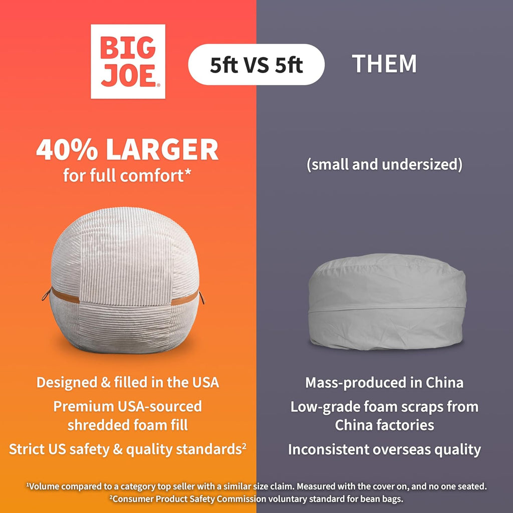 Big Joe Fuf 5Ft Oversized Foam Bean Bag Chair with Removable Cover for Kids, Teens, Adults, Vanilla Latte, Corded Plush, 5 Foot Large Reading and Gaming Seat