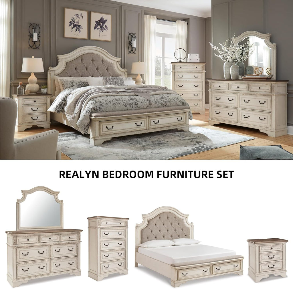 Signature Design by Ashley Realyn French Country 3 Drawer Nightstand with Electrical Outlets & USB Ports, 27.75" Tall, Chipped White
