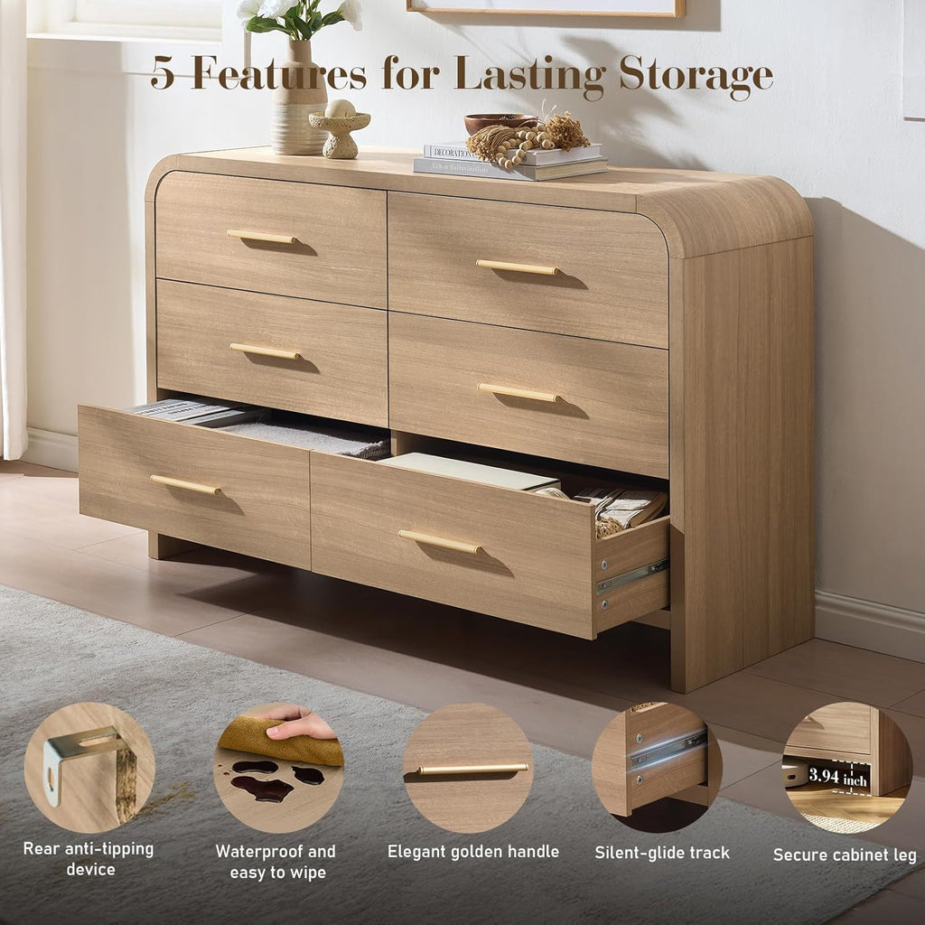 3-Piece Modern Bedroom Furniture Set, 6-Drawer& 2-Drawer Nightstands Set of 2, Unique Curved Design Wooden Dresser and Nightstand Sets for Bedroom, Hallway, Oak