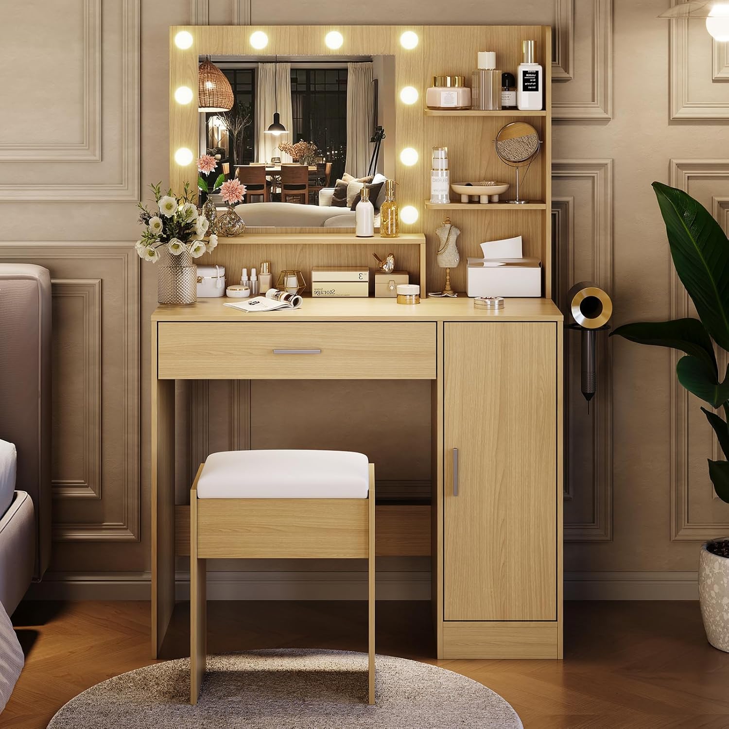 Garvee Vanity Desk with Mirror and Light, Makeup Dressing Table with Large Drawers and 3-Level Storage Dresser, 3 Lighting Modes Adjustable Brightness, Modern Vanity Set for Bedroom, Natural