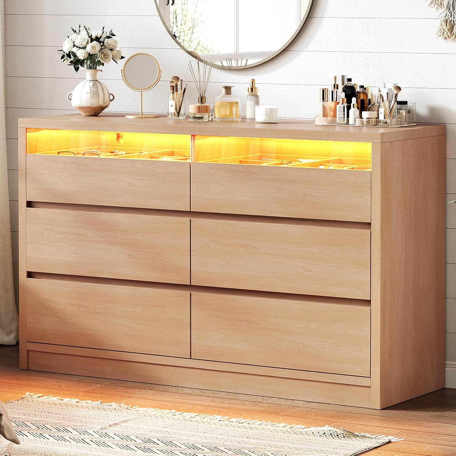 Jocoevol Modern LED 6 Drawer Dresser for Bedroom, Large Chest of Drawers with Hidden Handles, Long Double Wooden Dresser Closet for Living Room, Entryway, Hallway - Natural Oak