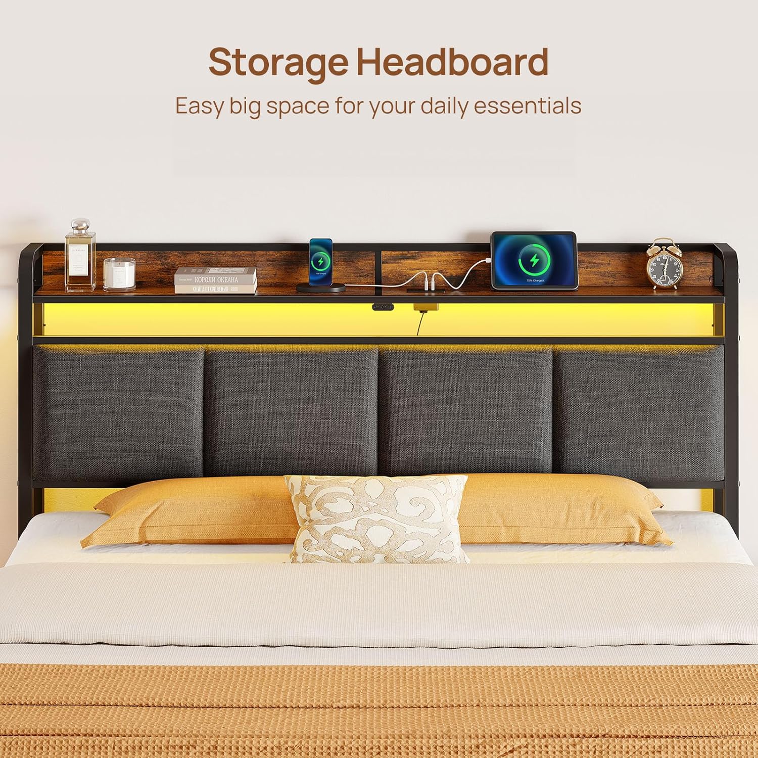 Rolanstar Bed Frame Full Size with Charging Station and LED Lights, Upholstered Storage Headboard with Drawers, Heavy Duty Metal Slats, No Box Spring Needed, Easy Assembly, Rustic Brown