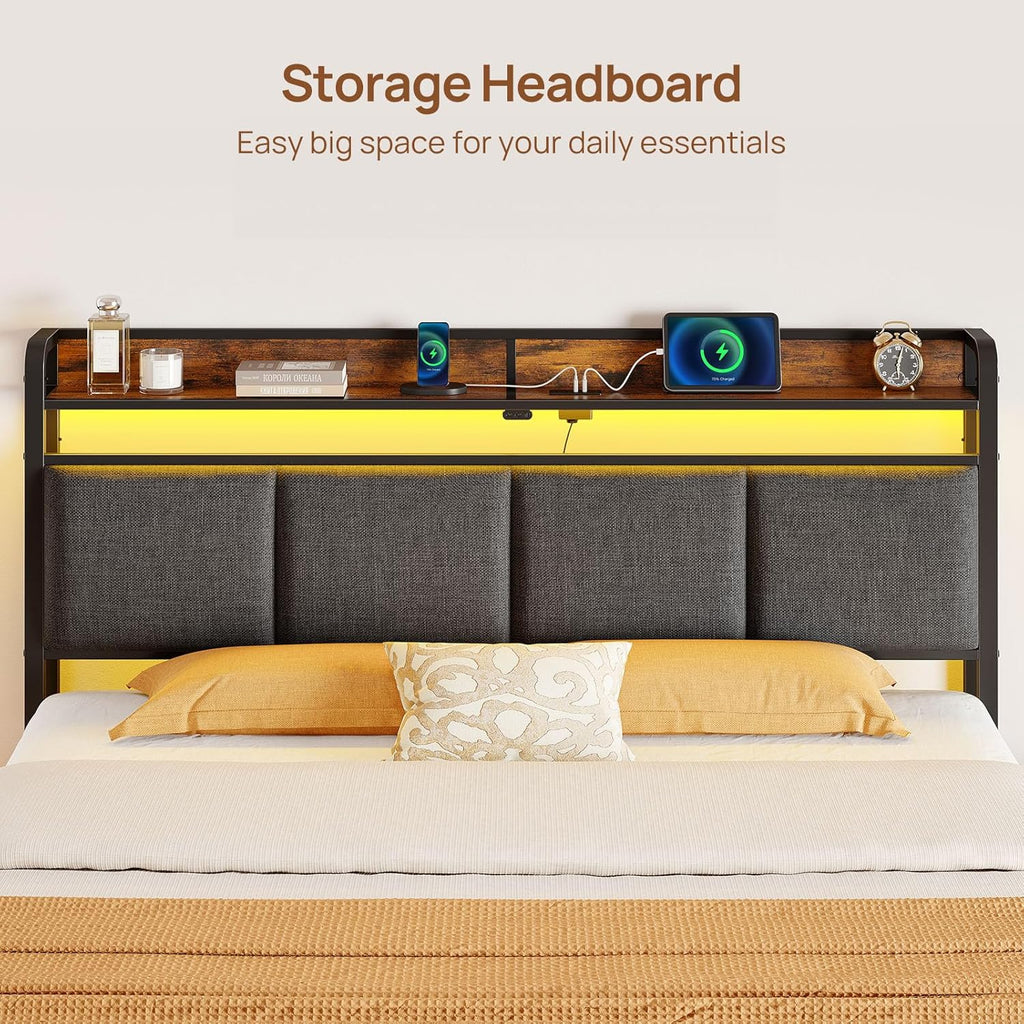 Rolanstar Bed Frame Full Size with Charging Station and LED Lights, Upholstered Storage Headboard with Drawers, Heavy Duty Metal Slats, No Box Spring Needed, Easy Assembly, Rustic Brown