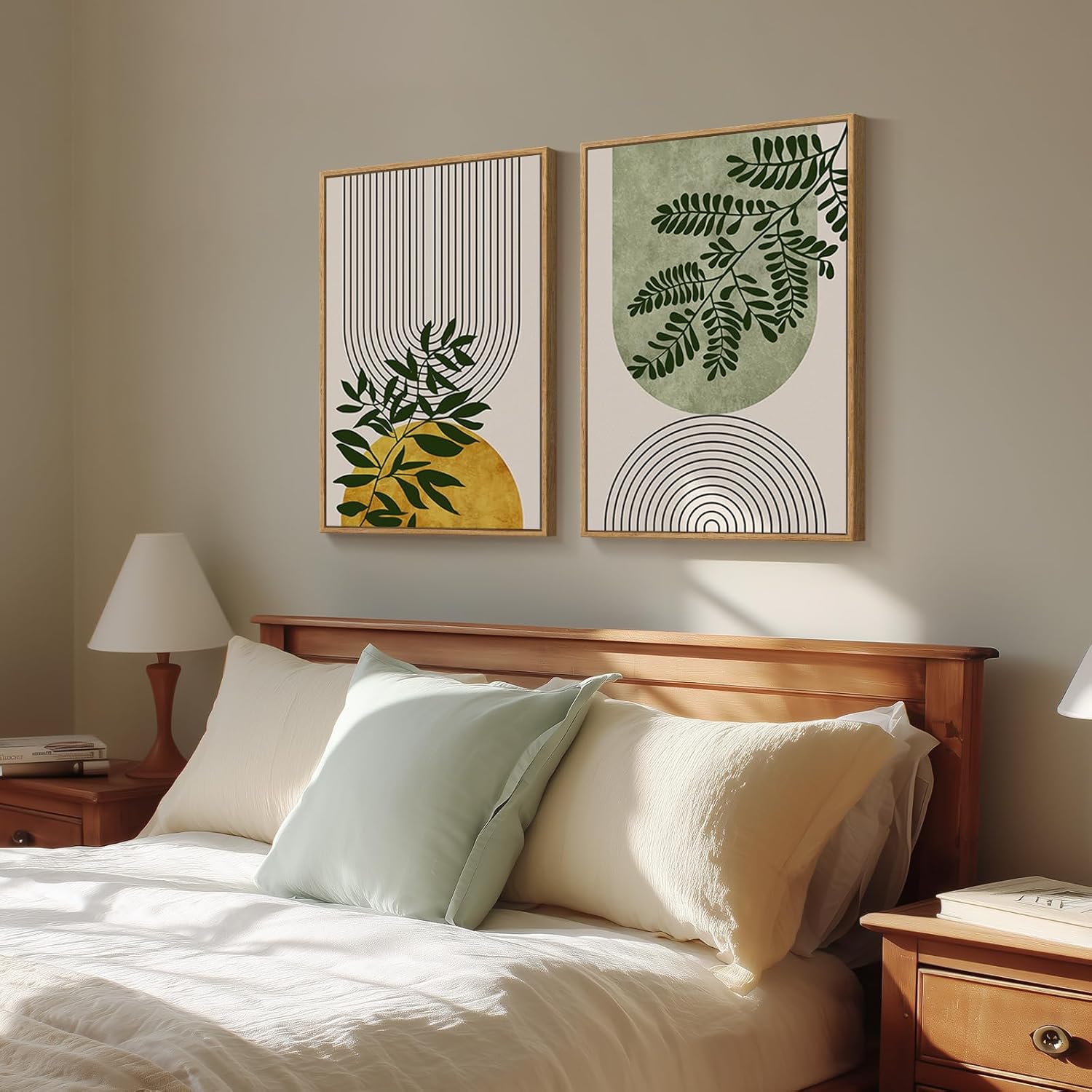 Large Framed Green Boho Wall Art Set of 2 for Living Room, Mid Century Modern Bohemian Botanical Geometric Artwork for Walls, Neutral Canvas Painting Print Wall Decor for Bedroom Home Office, 24x36 In