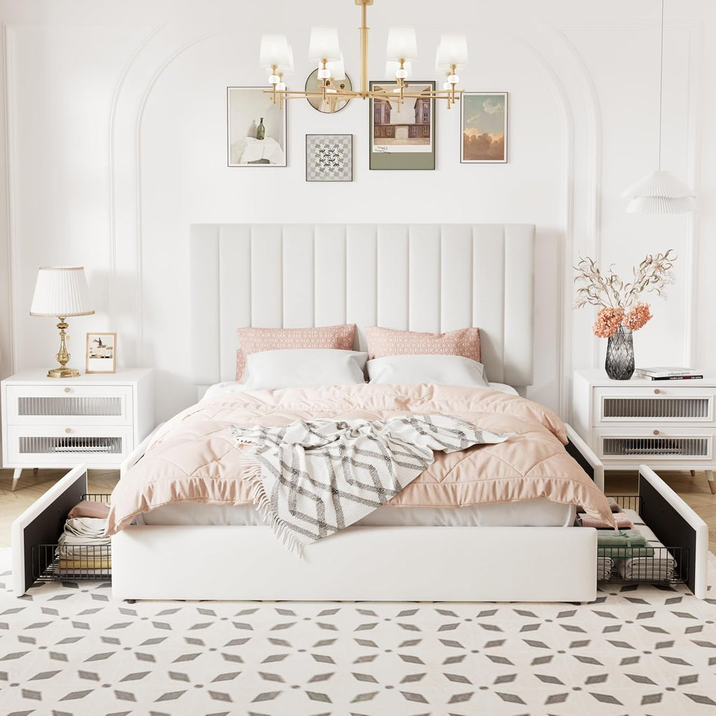 Allewie Full Size Storage Bed Frame, Vertical Channel Tufted Adjustable Headboard, Velvet Upholstered Platform Bed with 4 Oversized Underbed Drawers, Wooden Slats Support, No Box Spring Needed, White
