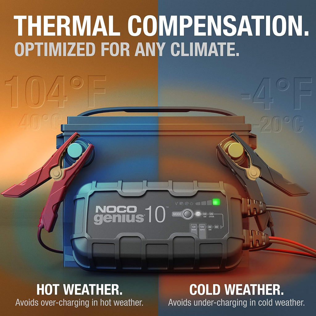 NOCO GENIUS10: 10A 6V/12V Smart Battery Charger – Automatic Maintainer, Trickle Charger & Desulfator with Overcharge Protection & Temperature Compensation – for Lead-Acid & Lithium Batteries