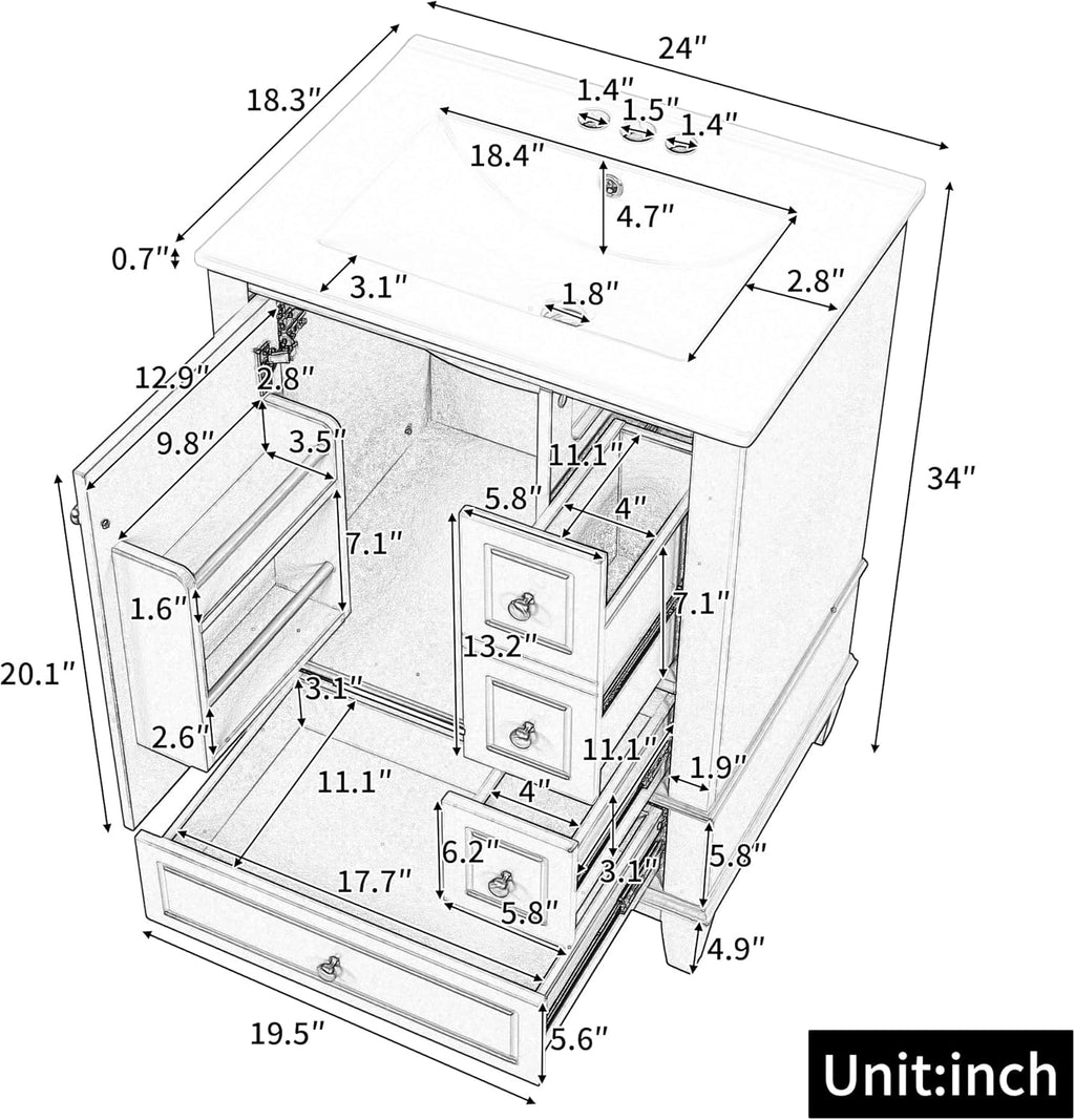 24" Bathroom Vanity with Sink, Harper & Bright Designs Free Standing Single Vanity Set with 3 Drawers and One Door with Storage Racks, Wooden Storage Cabinet with Ceramic Basin for Bathroom, Blue Grey