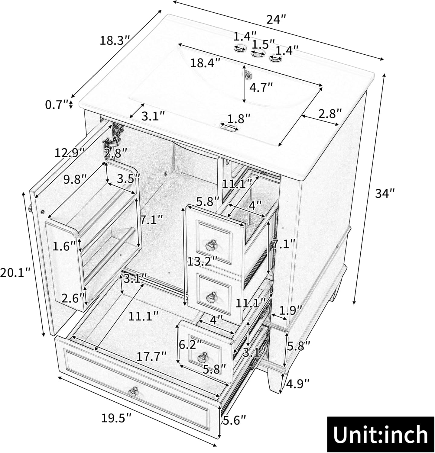 24" Bathroom Vanity with Sink, Harper & Bright Designs Free Standing Single Vanity Set with 3 Drawers and One Door with Storage Racks, Wooden Storage Cabinet with Ceramic Basin for Bathroom, Blue Grey