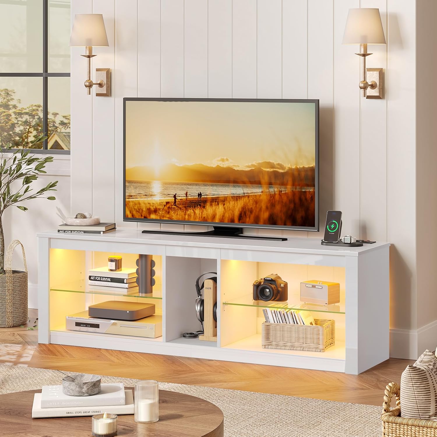 Bestier LED TV Stand for 55/60/65 Inch TV, White High Gloss Entertainment Center with Power Outlet & Adjustable Shelves, Modern Gaming TV Console with Storage for Living Room Bedroom