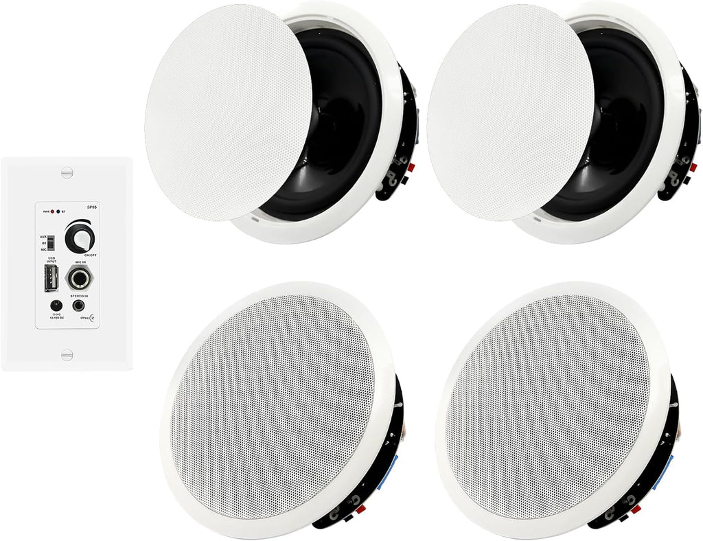 6.5'' Bluetooth in Ceiling Speakers with Wall Amplifier Receiver 600W Flush Mount Ceiling & in-Wall Speaker System for Home Theater Office Bathroom Living Room Kitchen(2Pairs)