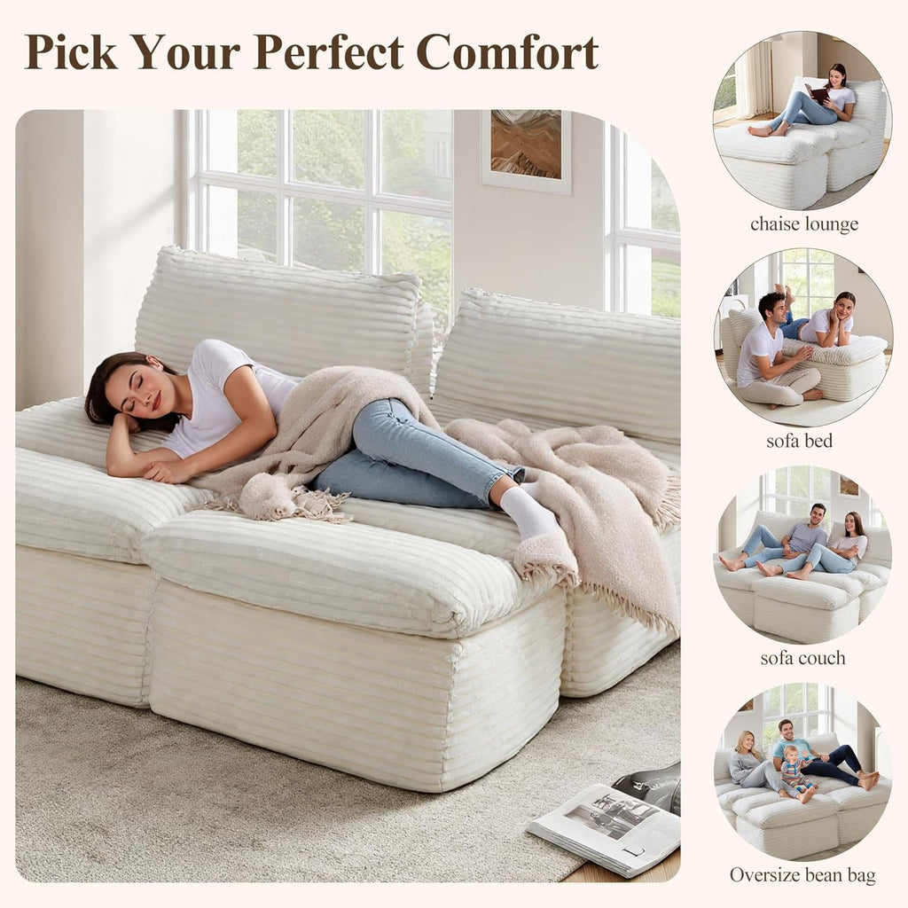 COLAMY Bean Bag Chair, Lounge Chair with Removable Ottoman for Adults, Comfy Fabric Sofa Bed Couch with Memory Foam, Backrest for Living Room, Office, Bedroom, Beige