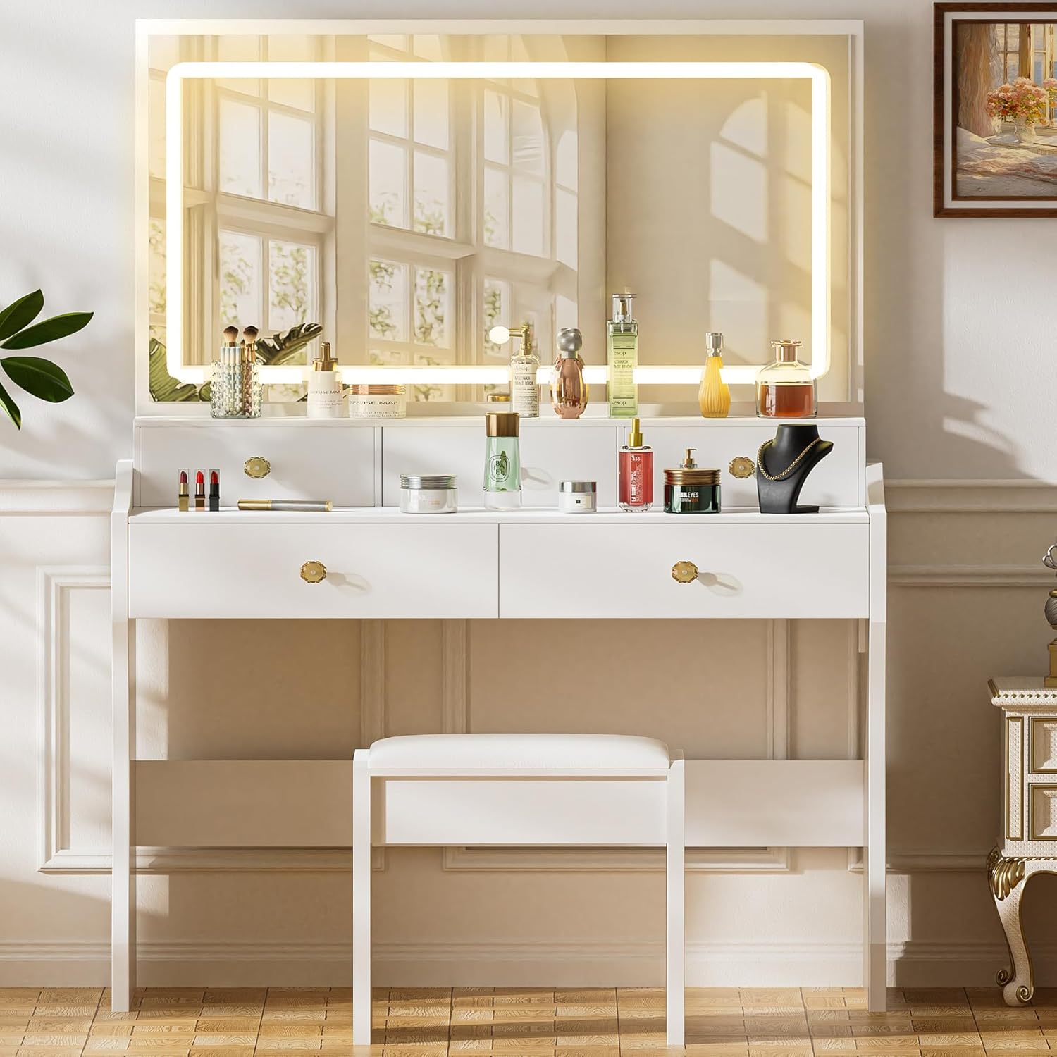 COMHOMA Makeup Vanity Desk with Mirror and Lights, Vanity Table and Chair Set with 5 Drawers & Charging Station, Bedroom Dressing Table, Stepless Dimmable & 3 Color Modes Adjustable, Snow White