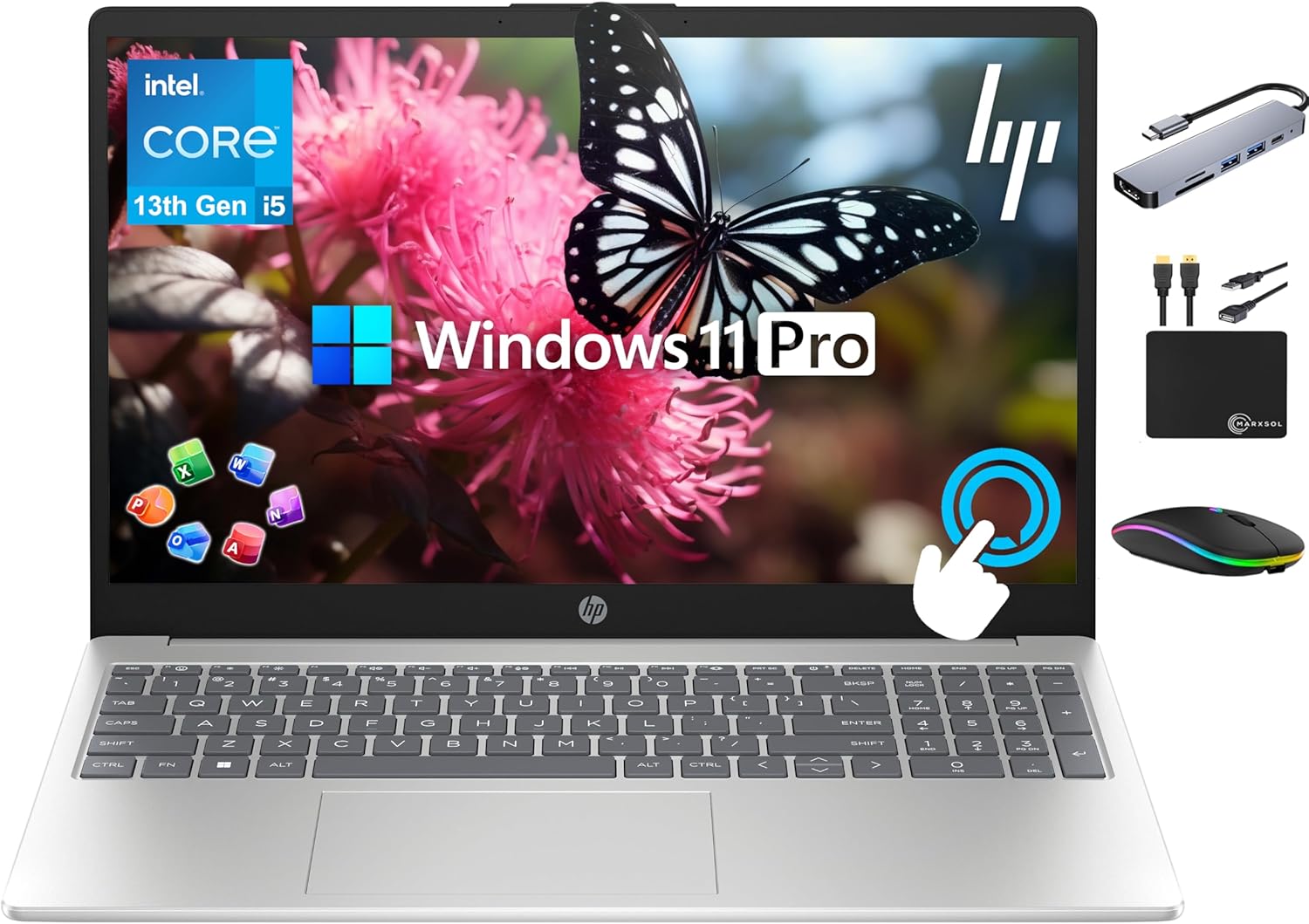 HP 15.6" Touchscreen Pavilion Laptop Computer, 16GB RAM, 1TB Storage (500GB SSD + 500GB Ext), 10-Core Intel i5 Processor, Wi-Fi 6E, Windows 11 Pro with Lifetime Microsoft Office, MarxsolAccessory