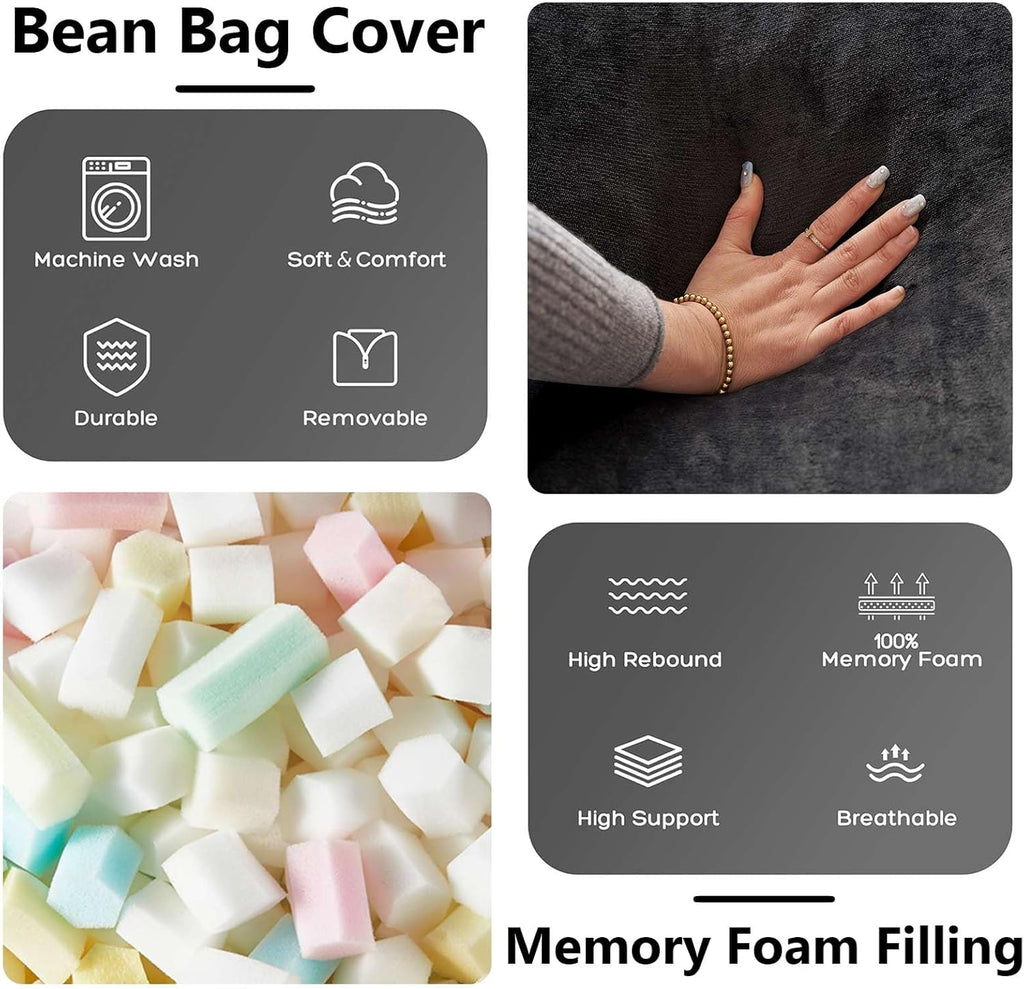 Big Bean Bag Chairs for Adults .Bean Bag Chair with Filler .Memory Foam Chair .Removable and Washable Flannel Cover, Giant Bean Bag, Suitable for Living Room, Bedroom and Reading (Black, 6Ft)