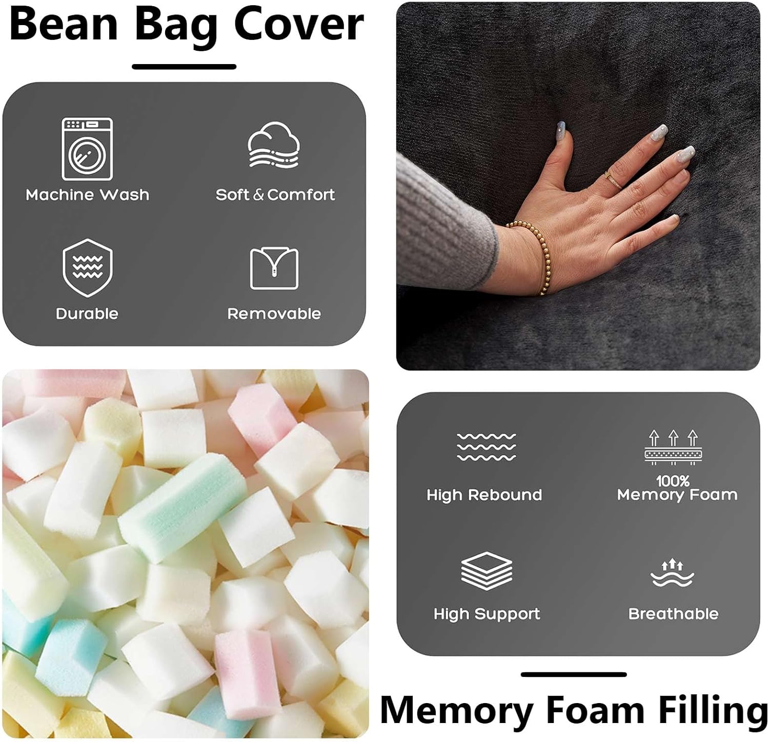 Big Bean Bag Chairs for Adults .Bean Bag Chair with Filler .Memory Foam Chair .Removable and Washable Flannel Cover, Giant Bean Bag, Suitable for Living Room, Bedroom and Reading (Black, 6Ft)