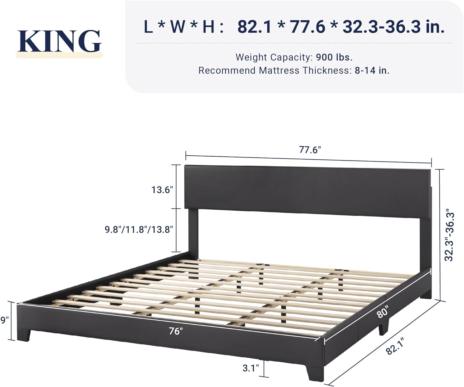 Allewie King Size Bed Frame with Adjustable Headboard, Faux Leather Platform Bed with Wood Slats, Heavy Duty Mattress Foundation, No Box Spring Needed, Noise-Free, Easy Assembly, Black